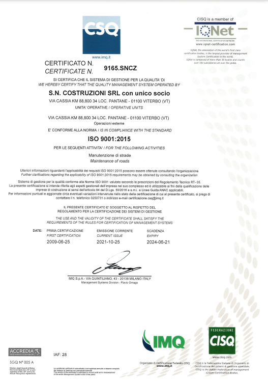 Certificato ISO 9001:2015 per S.N. Costruzioni SRL.