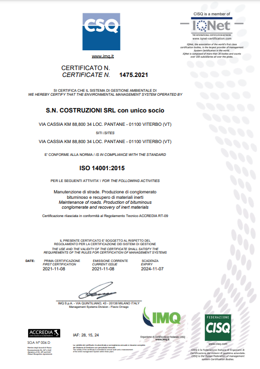 Certificato ISO 14001:2015 per gestione ambientale.